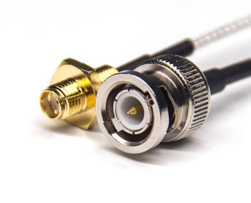 直插式BNC 180度公頭轉SMA直式母頭后鎖板接RG316線